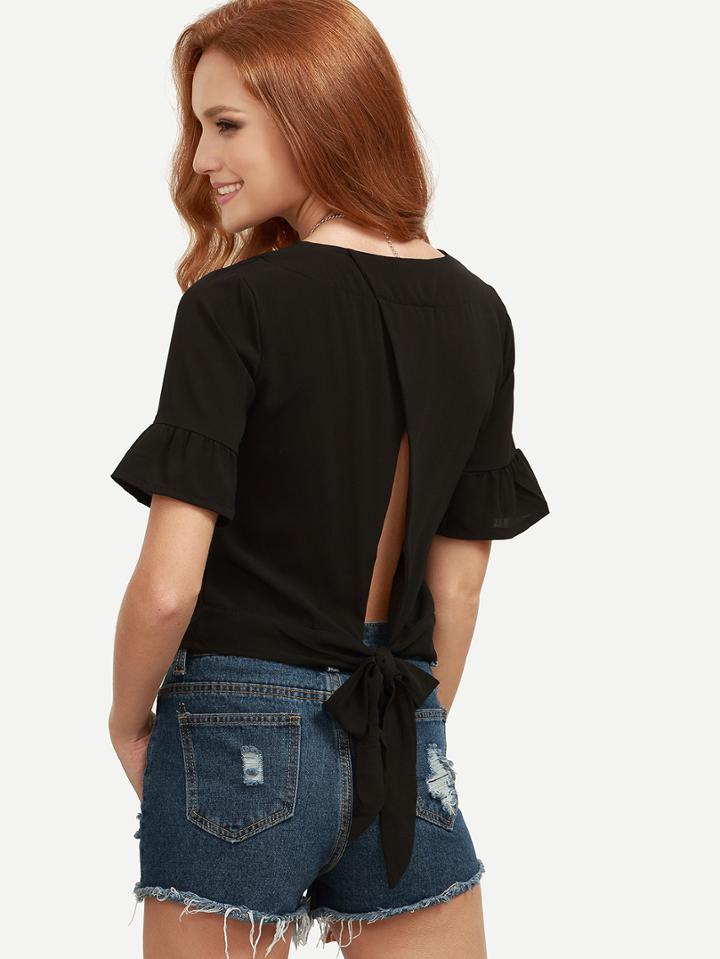 Romwe Black Ruffled Sleeve Slit Tie Back Top