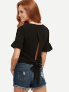 Romwe Black Ruffled Sleeve Slit Tie Back Top