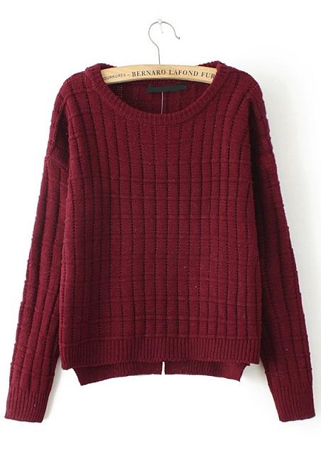 Romwe Check Pattern Split Knit Wine Red Sweater