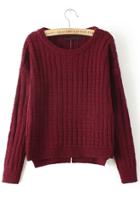 Romwe Check Pattern Split Knit Wine Red Sweater