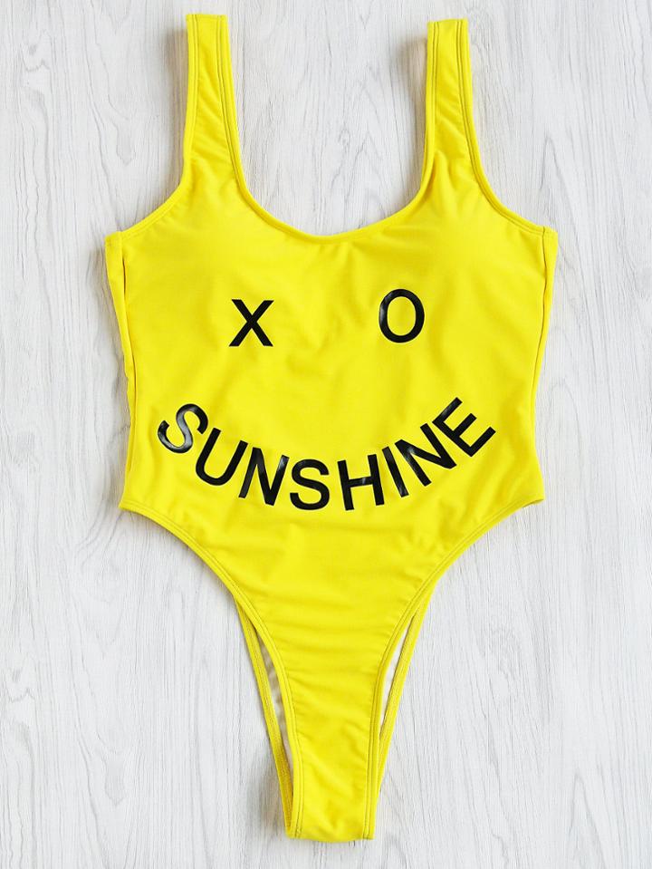 Romwe Letter Smiley Face Print Swimsuit