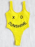 Romwe Letter Smiley Face Print Swimsuit