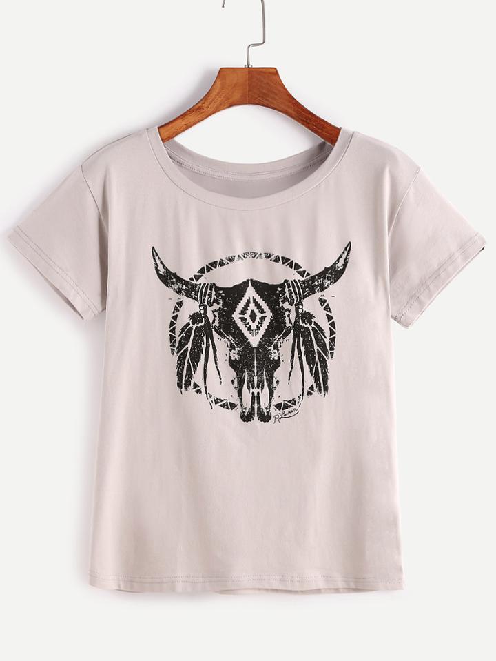 Romwe Light Grey Printed Casual T-shirt