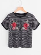 Romwe Flower Applique Striped Ringer Tee