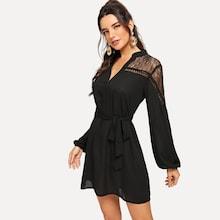 Romwe Lace Contrast Belted Solid Dress