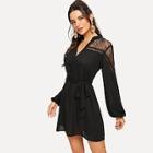Romwe Lace Contrast Belted Solid Dress