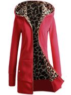 Romwe Hooded Zipper Leopard Long Red Sweatshirt