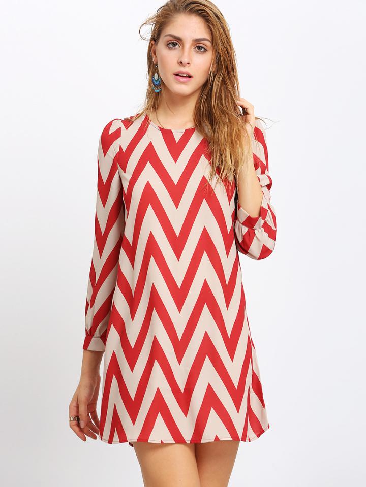 Romwe Red Zag Print Crew Neck Shift Dress
