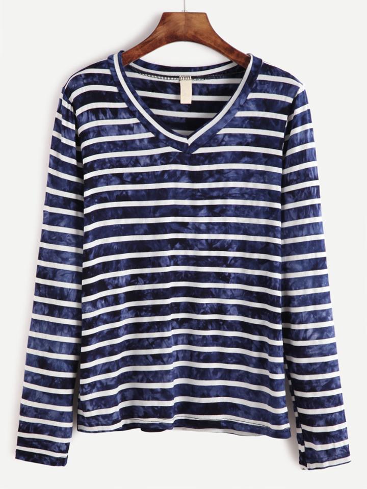Romwe Striped Tie Dye V Neck T-shirt