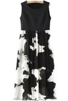 Romwe Sleeveless Ink Print With Chiffon Sun Dress
