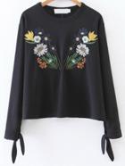 Romwe Black Flower Embroidery Tie Cuff Blouse