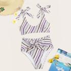 Romwe Striped Tie Shoulder Top With High Waist Bikini