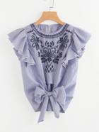 Romwe Flutter Sleeve Bow Tie Front Embroidered Top