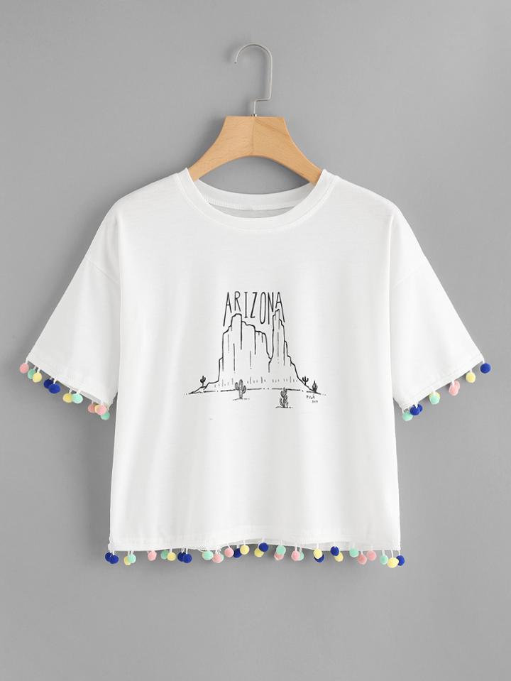Romwe Graphic Print Pom Pom Trim Tee