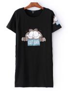 Romwe Black Round Neck Cat Printed Slim T-shirt