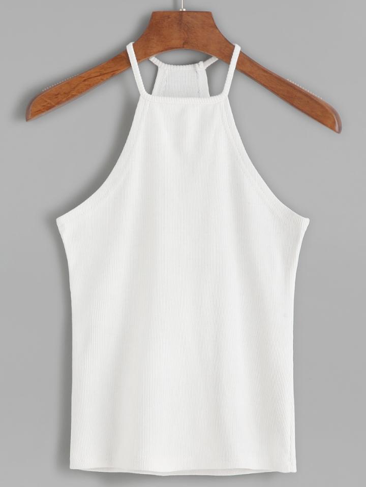 Romwe White Halter Ribbed Cami Top