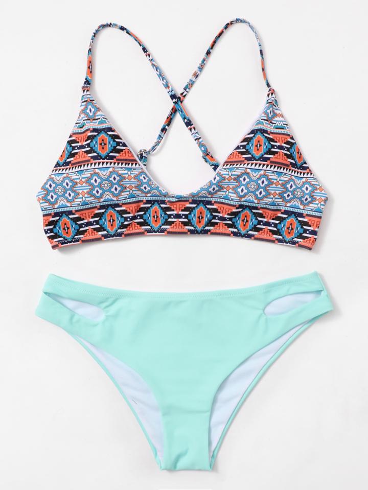 Romwe Tribal Print Criss Cross Cut Out Bikini Set