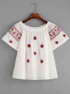 Romwe White Flower Embroidered Top