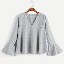 Romwe V Neckline Flounce Sleeve Gingham Top