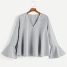 Romwe V Neckline Flounce Sleeve Gingham Top