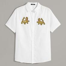 Romwe Guys Appliques Button Up Shirt