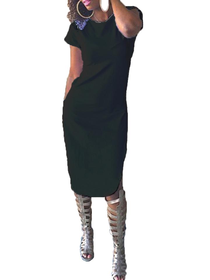 Romwe Short Sleeve Slit Black Dress