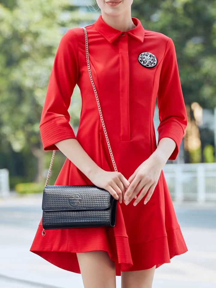 Romwe Red Lapel Beading A-line Dress