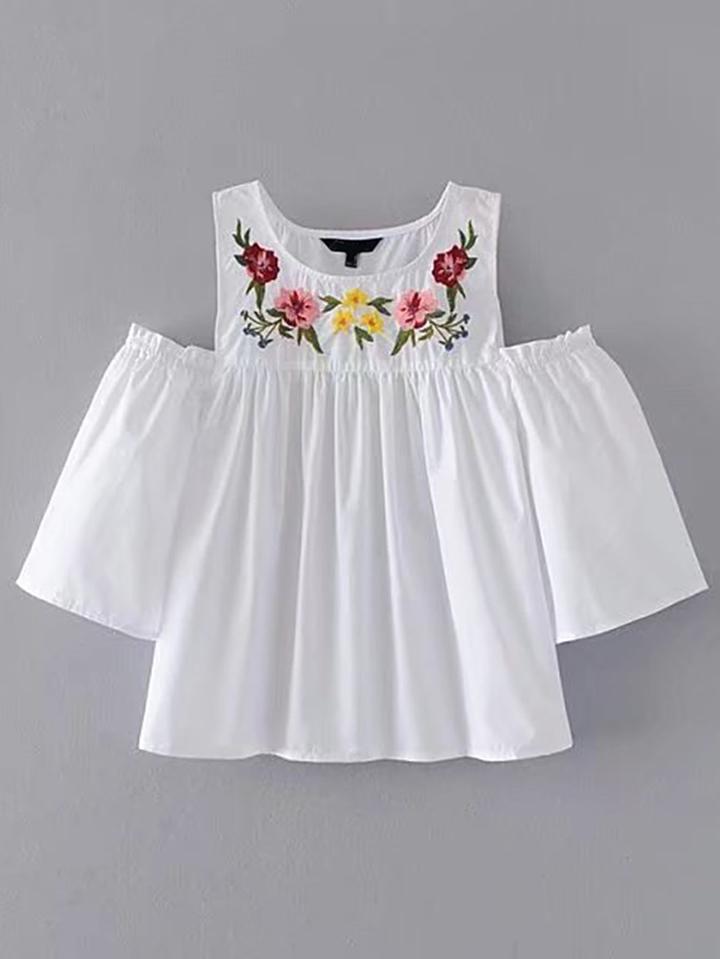 Romwe Open Shoulder Flower Embroidery Top