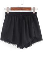 Romwe Pom Pom Trimmed Elastic Waist Shorts - Black