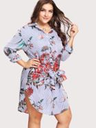 Romwe Tie Waist Striped And Floral Shirt Dress