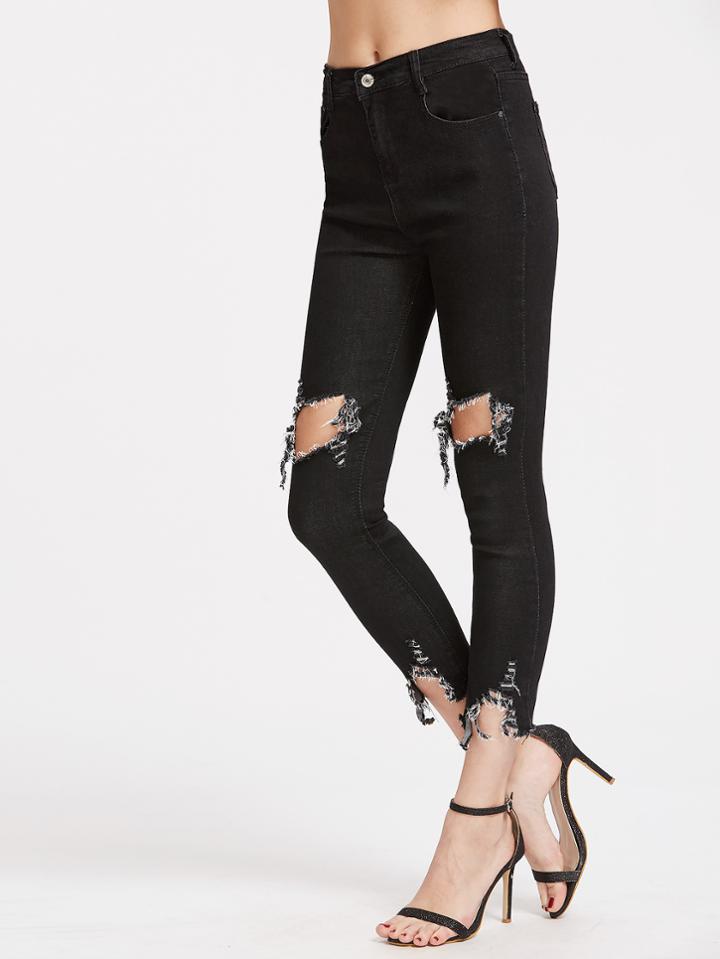 Romwe Black Ripped Raw Hem Jeans