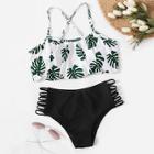 Romwe Random Palm Criss Cross Top With Ladder Cut-out Bikini