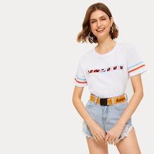 Romwe Side Stripe Checkered Print Tee