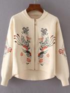 Romwe Beige Flower Embroidery Dip Hem Zipper Up Sweater Coat