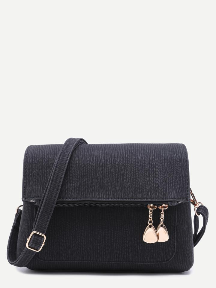 Romwe Black Flodover Zip Closure Faux Leather Crossbody Bag