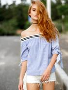 Romwe Contrast Blue Striped Off The Shoulder Knotted Blouse