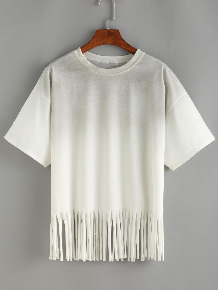 Romwe Grey Ombre Fringe T-shirt