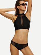Romwe Black Mesh Insert Cutout High Neck Bikini Set