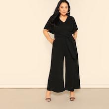 Romwe Plus V Neck Flutter Sleeve Belted Jumpsuit