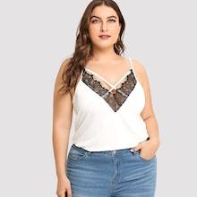 Romwe Plus Lace Panel Criss Cross Cami Top
