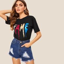 Romwe Metallic Letter Print Tee