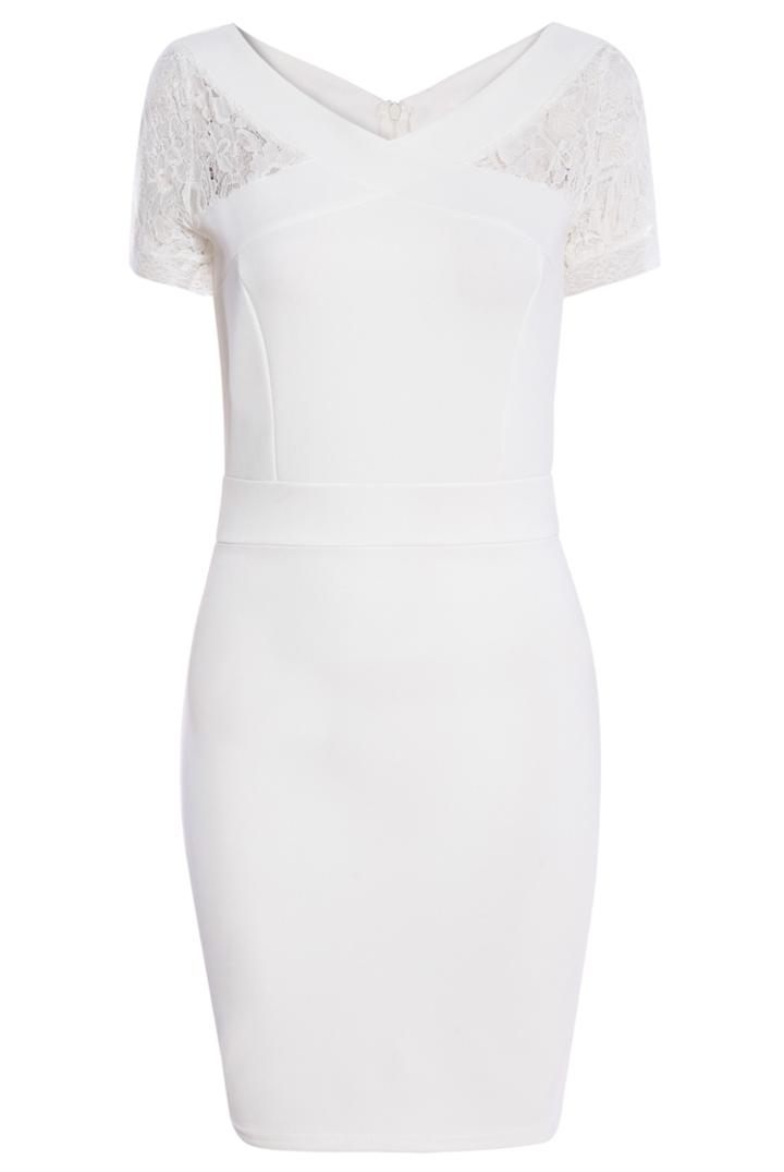 Romwe V Neck Lace Insert White Bodycon Dress