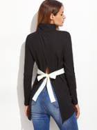 Romwe Black High Neck Split Tied Back Ribbed T-shirt