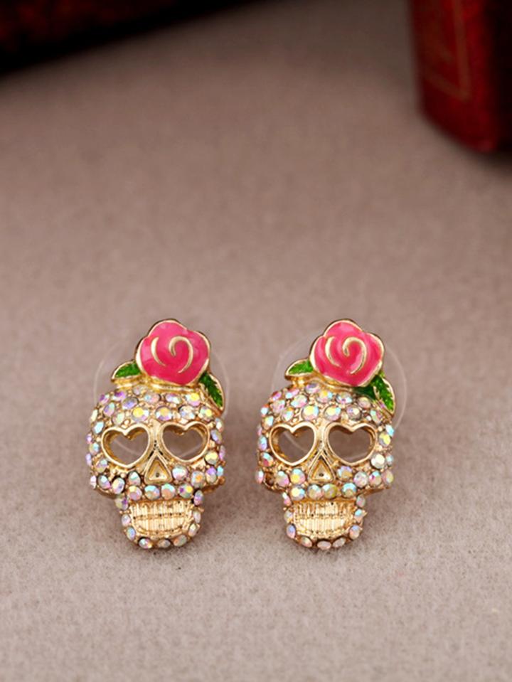 Romwe Rhinestone Skeleton Stud Earrings