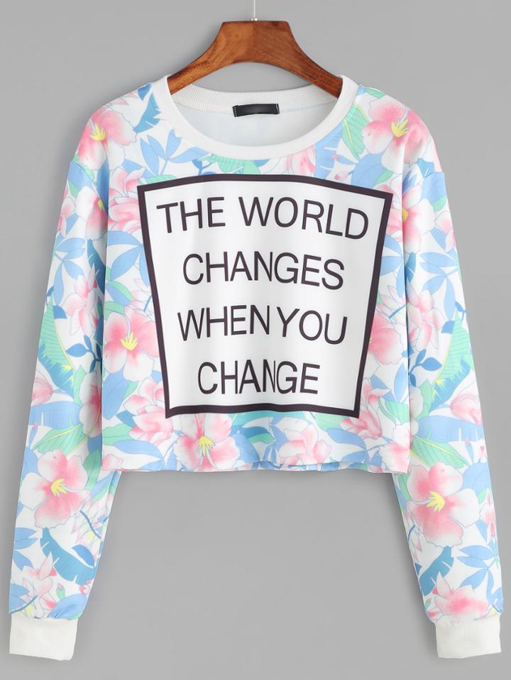 Romwe Flower And Letter Print Crop Sweatshirt