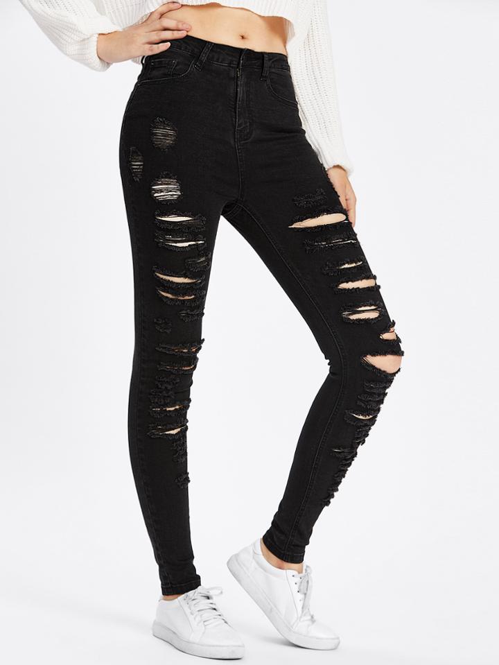 Romwe Laddering Slit Raw Cut Detail Jeans