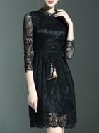 Romwe Black Crochet Hollow Out Midi Drawstring Lace Dress