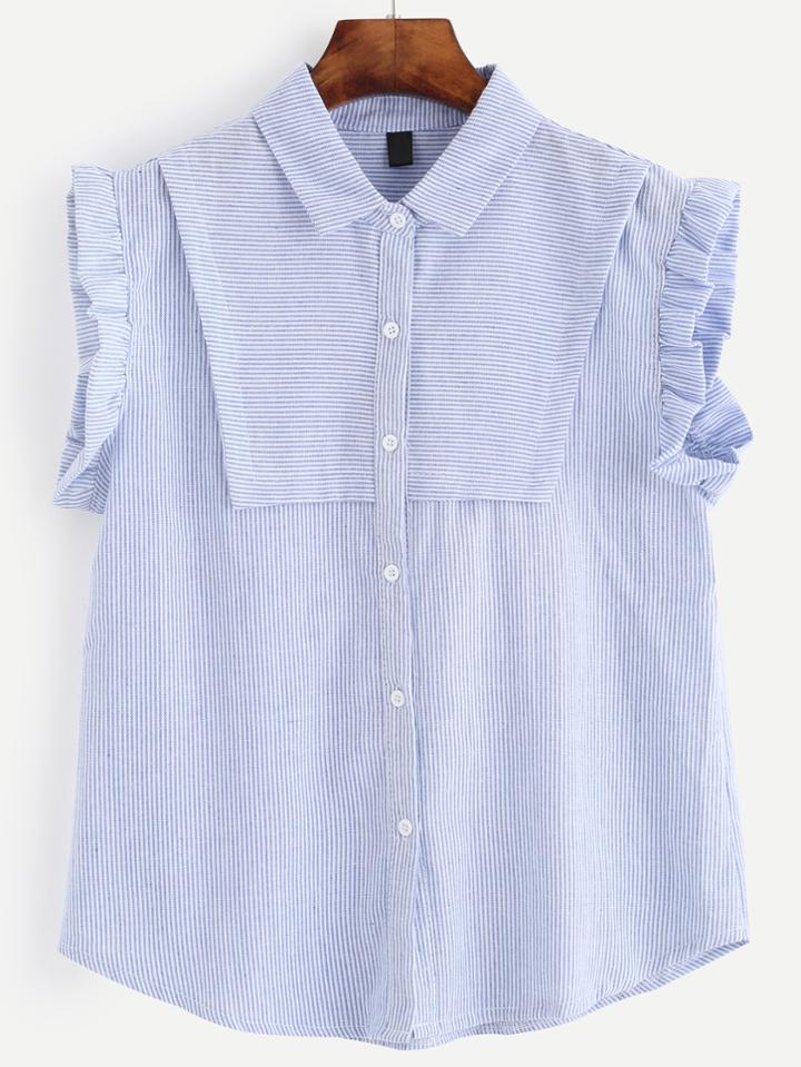 Romwe Blue Striped Sleeveless Ruffle Blouse