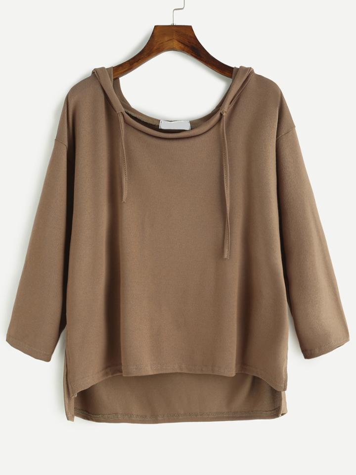 Romwe Khaki Drop Shoulder Drawstring Hooded Sweatshirt