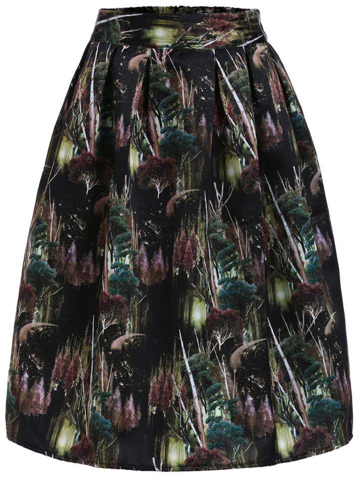 Romwe Elastic Waist Trees Print Skirt